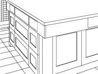 An Isometric of the Island, Sub-Zero Cabinets, and Wrap-around Wine Cabinets with Desk.