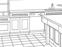 An Isometric of the Island, Bank of Cabinets, and Desk.